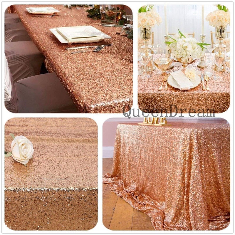 QueenDream Rose Gold Table Cloth 60x102 Inches Sequin Tablecloth for Parties Sparkle Fabric Table Cloth for Sweet 16 Birthday Party Decorations - Image 1